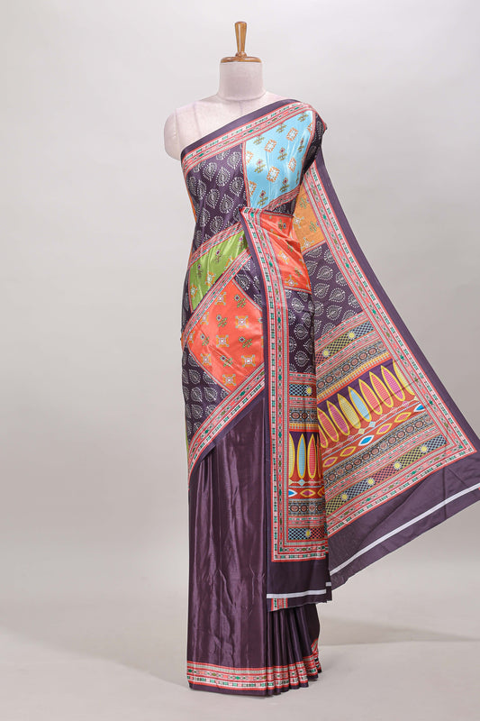 Magenta purple geometric pattern & floral design masakali saree with self border and matching blouse