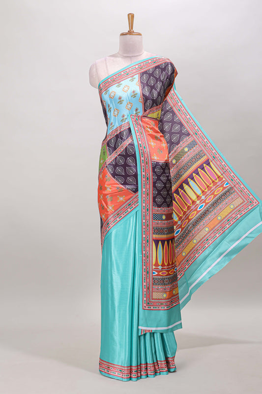 Turquoise green geometric pattern & floral design masakali saree with self border and matching blouse