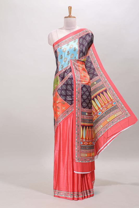 Peach geometric pattern & floral design masakali saree with self border and matching blouse