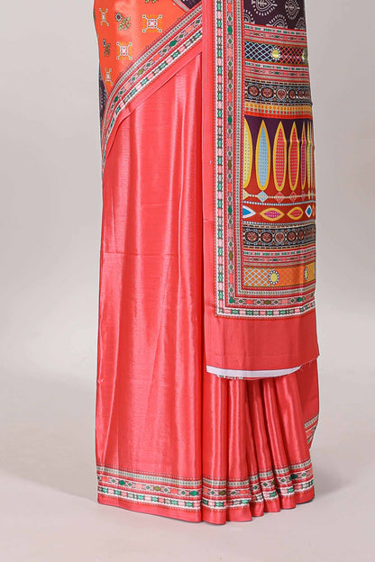 Peach geometric pattern & floral design masakali saree with self border and matching blouse