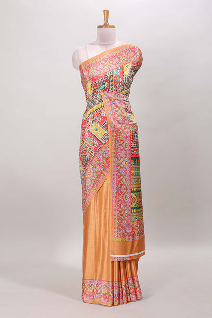 Orange geometric & ikkat design masakali saree with self border and matching blouse