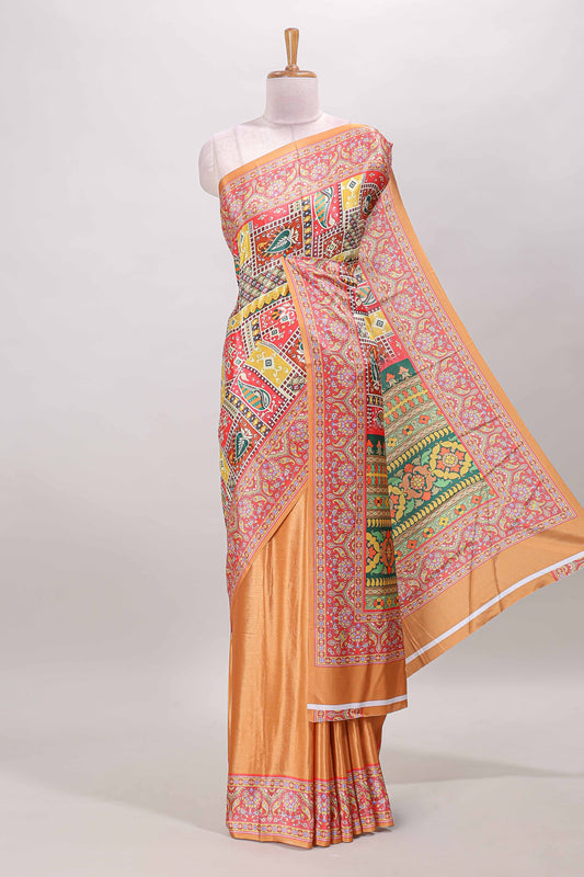 Orange geometric & ikkat design masakali saree with self border and matching blouse