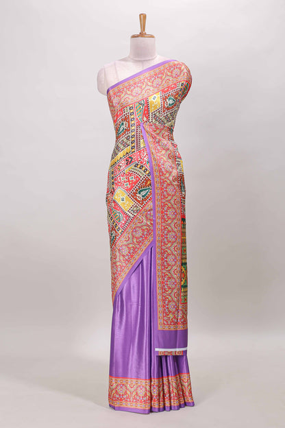Lavender geometric & ikkat design masakali saree with self border and matching blouse