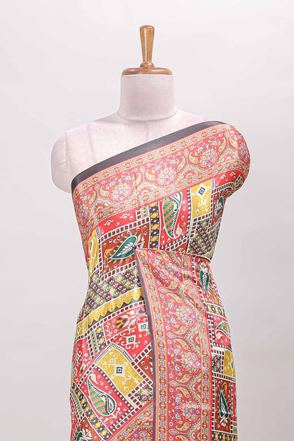 Brown geometric & ikkat design masakali saree with self border and matching blouse