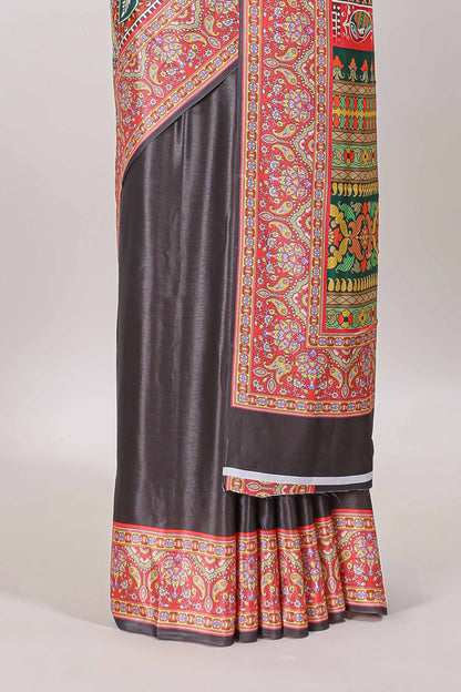 Brown geometric & ikkat design masakali saree with self border and matching blouse