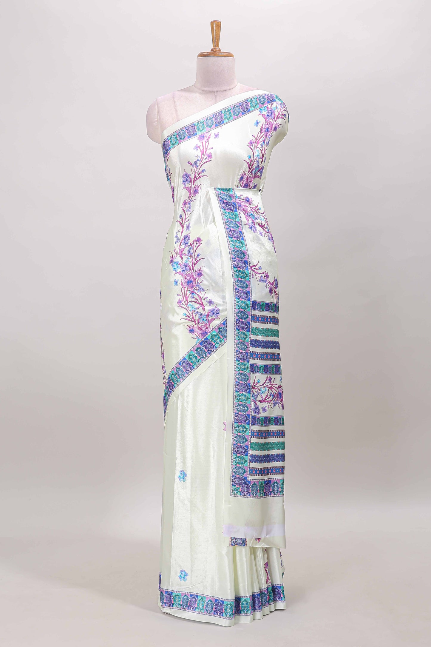Cream floral print georgettte saree with self  floral design border matching striped pallu