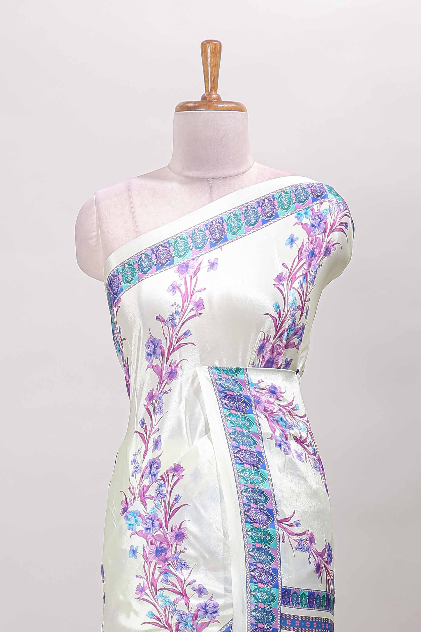 Cream floral print georgettte saree with self  floral design border matching striped pallu