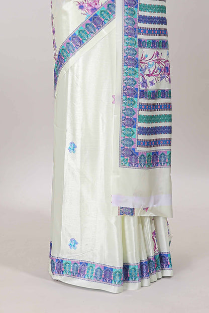 Cream floral print georgettte saree with self  floral design border matching striped pallu