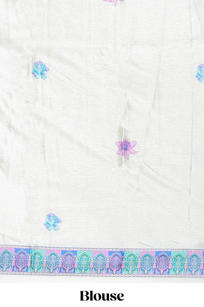 Cream floral print georgettte saree with self  floral design border matching striped pallu