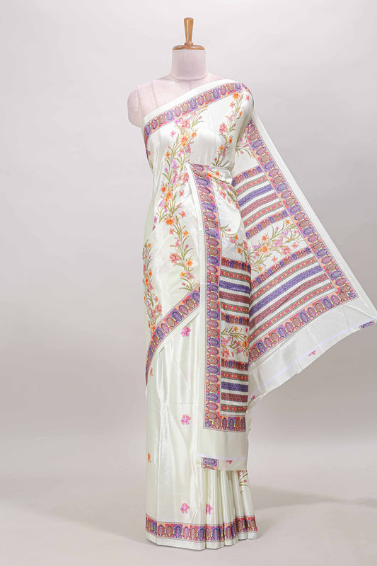 Cream floral print georgettte saree with self  floral design border matching striped pallu
