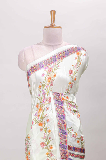 Cream floral print georgettte saree with self  floral design border matching striped pallu