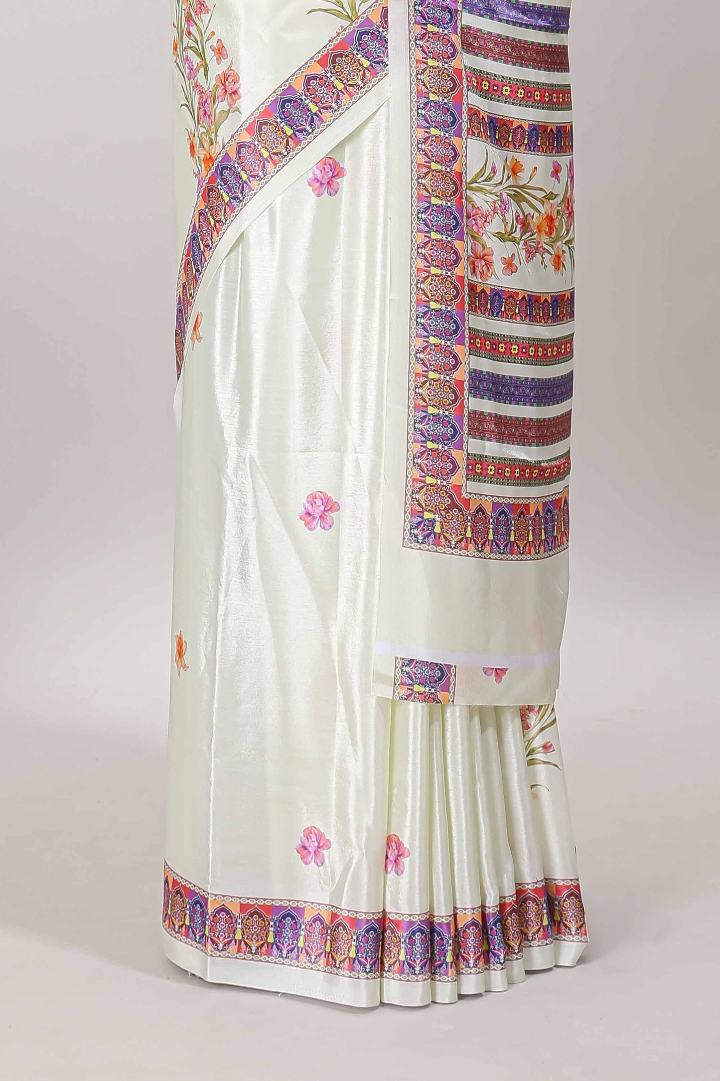 Cream floral print georgettte saree with self  floral design border matching striped pallu