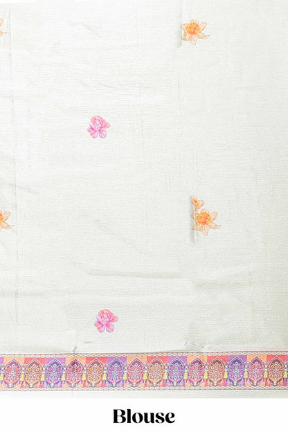 Cream floral print georgettte saree with self  floral design border matching striped pallu