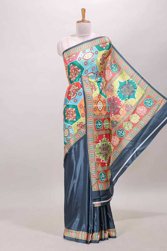 Blue hexa floral desgin masakali saree with self border and matching blouse