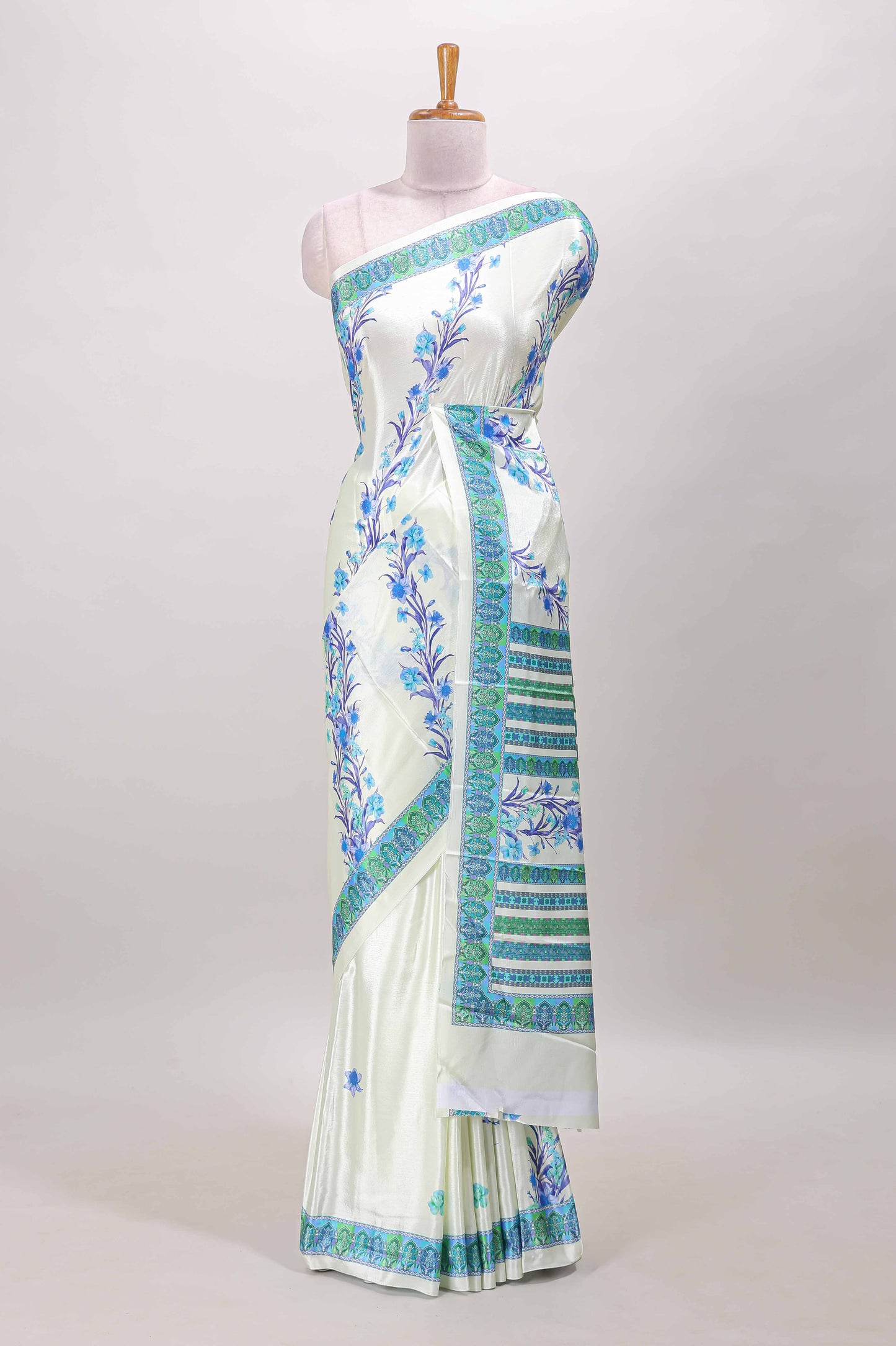 Cream floral print georgettte saree with self  floral design border matching striped pallu