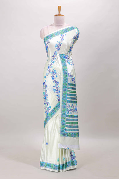 Cream floral print georgettte saree with self  floral design border matching striped pallu