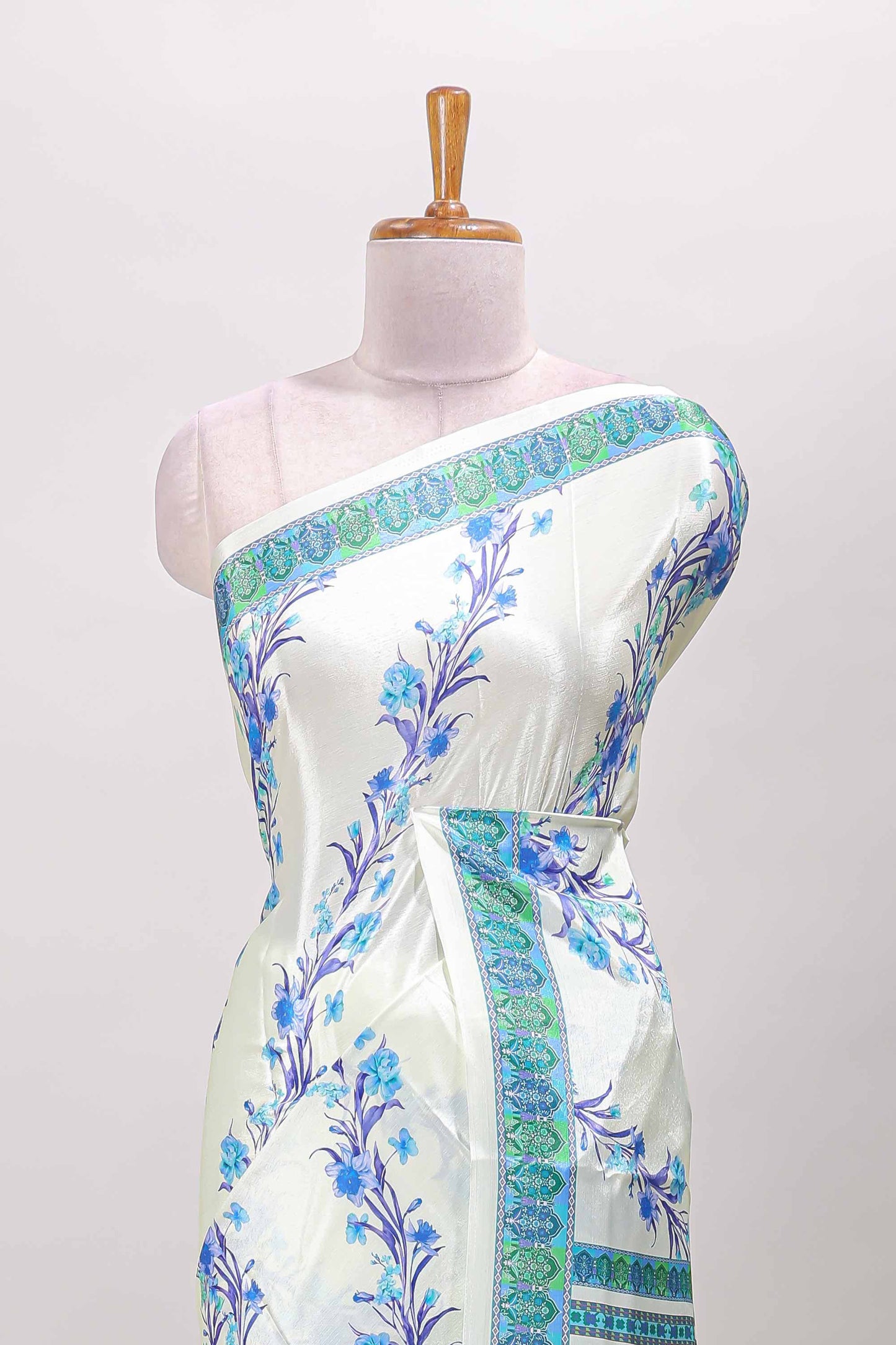 Cream floral print georgettte saree with self  floral design border matching striped pallu