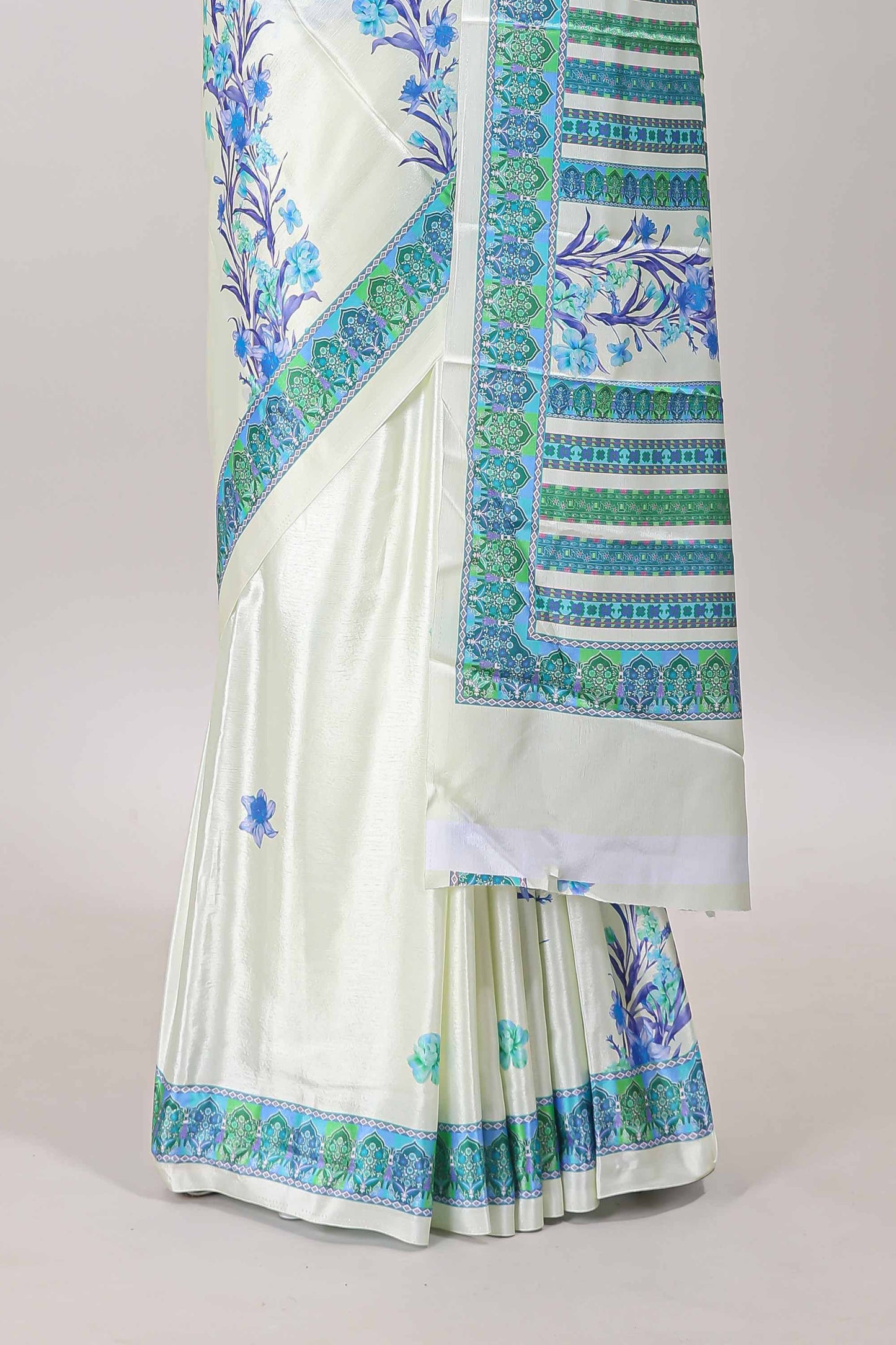 Cream floral print georgettte saree with self  floral design border matching striped pallu