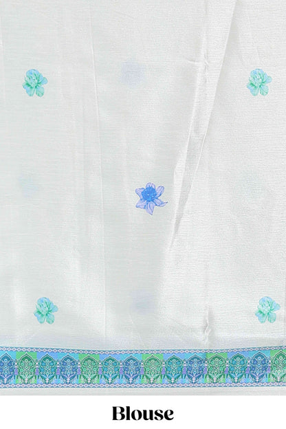 Cream floral print georgettte saree with self  floral design border matching striped pallu