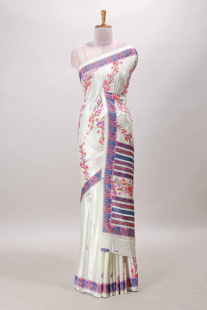 Cream floral print georgettte saree with self  floral design border matching striped pallu