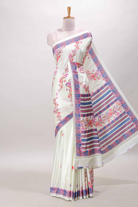 Cream floral print georgettte saree with self  floral design border matching striped pallu