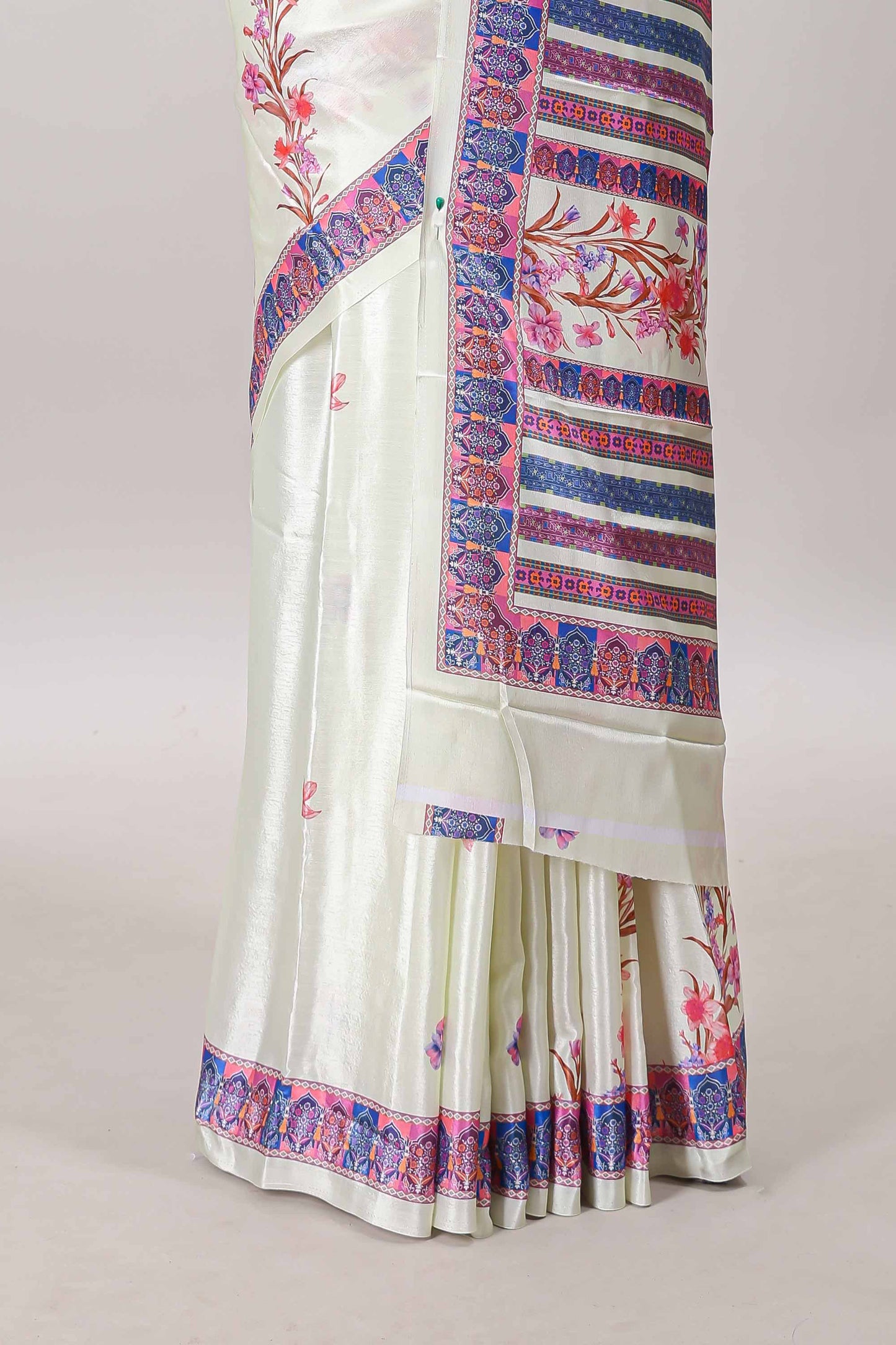 Cream floral print georgettte saree with self  floral design border matching striped pallu