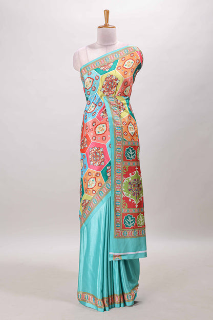 Turquoise blue hexa floral desgin masakali saree with self border and matching blouse
