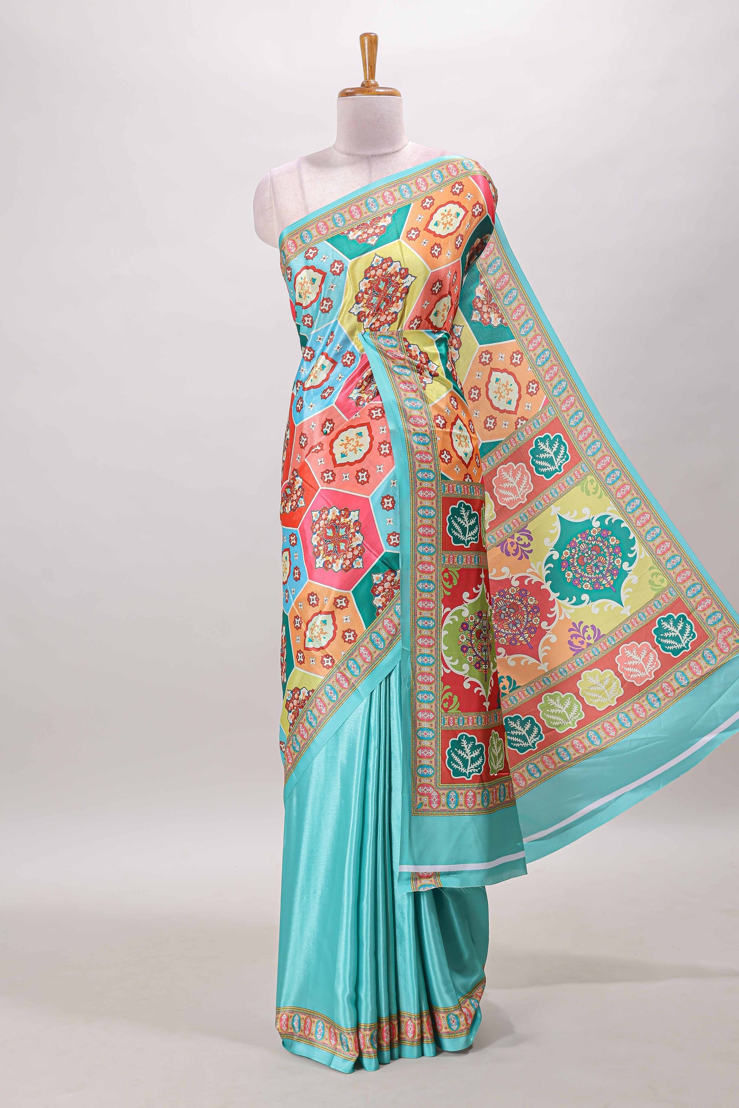 Turquoise blue hexa floral desgin masakali saree with self border and matching blouse