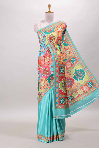 Turquoise blue hexa floral desgin masakali saree with self border and matching blouse