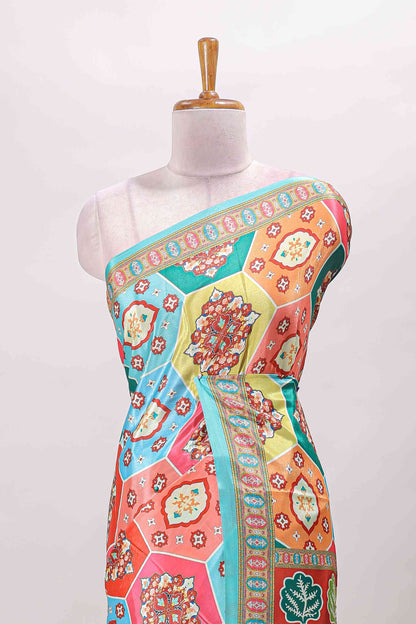 Turquoise blue hexa floral desgin masakali saree with self border and matching blouse