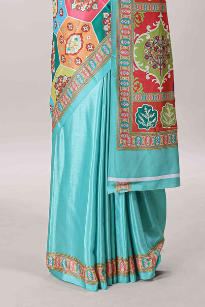Turquoise blue hexa floral desgin masakali saree with self border and matching blouse