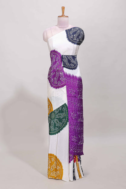 Borderless white bandhani style mirror work masakali saree with multicolor design and contrast blouse