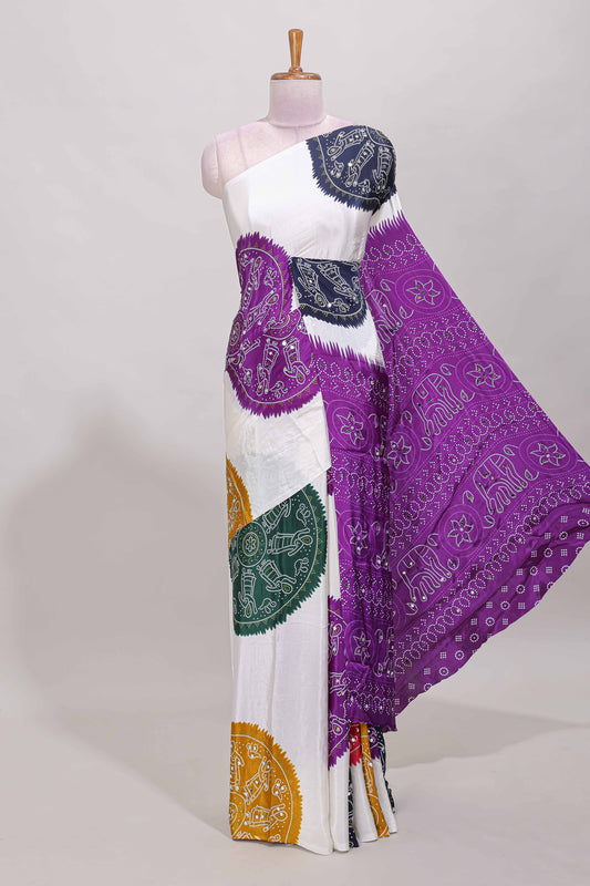 Borderless white bandhani style mirror work masakali saree with multicolor design and contrast blouse