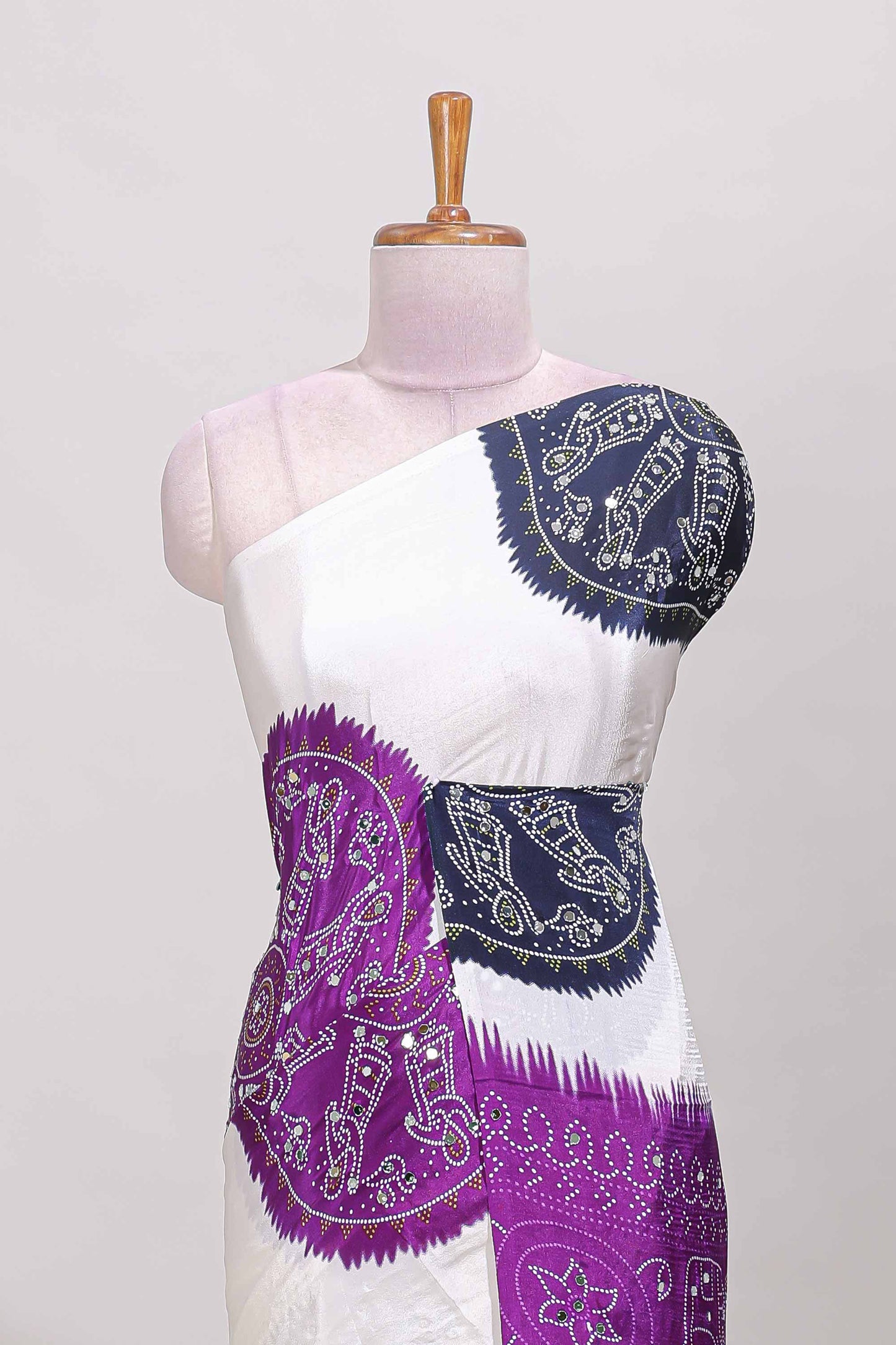 Borderless white bandhani style mirror work masakali saree with multicolor design and contrast blouse