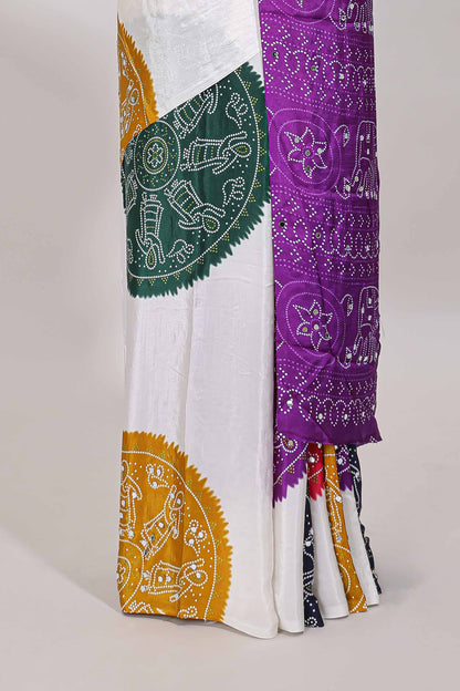 Borderless white bandhani style mirror work masakali saree with multicolor design and contrast blouse