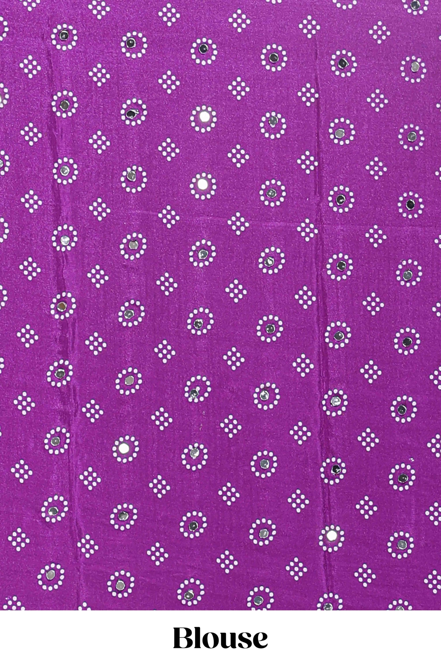 Borderless white bandhani style mirror work masakali saree with multicolor design and contrast blouse