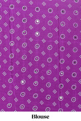Borderless white bandhani style mirror work masakali saree with multicolor design and contrast blouse