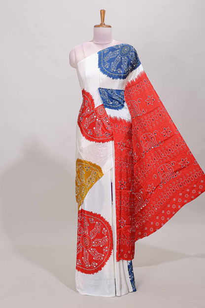 Borderless white bandhani style mirror work masakali saree with multicolor design and contrast blouse