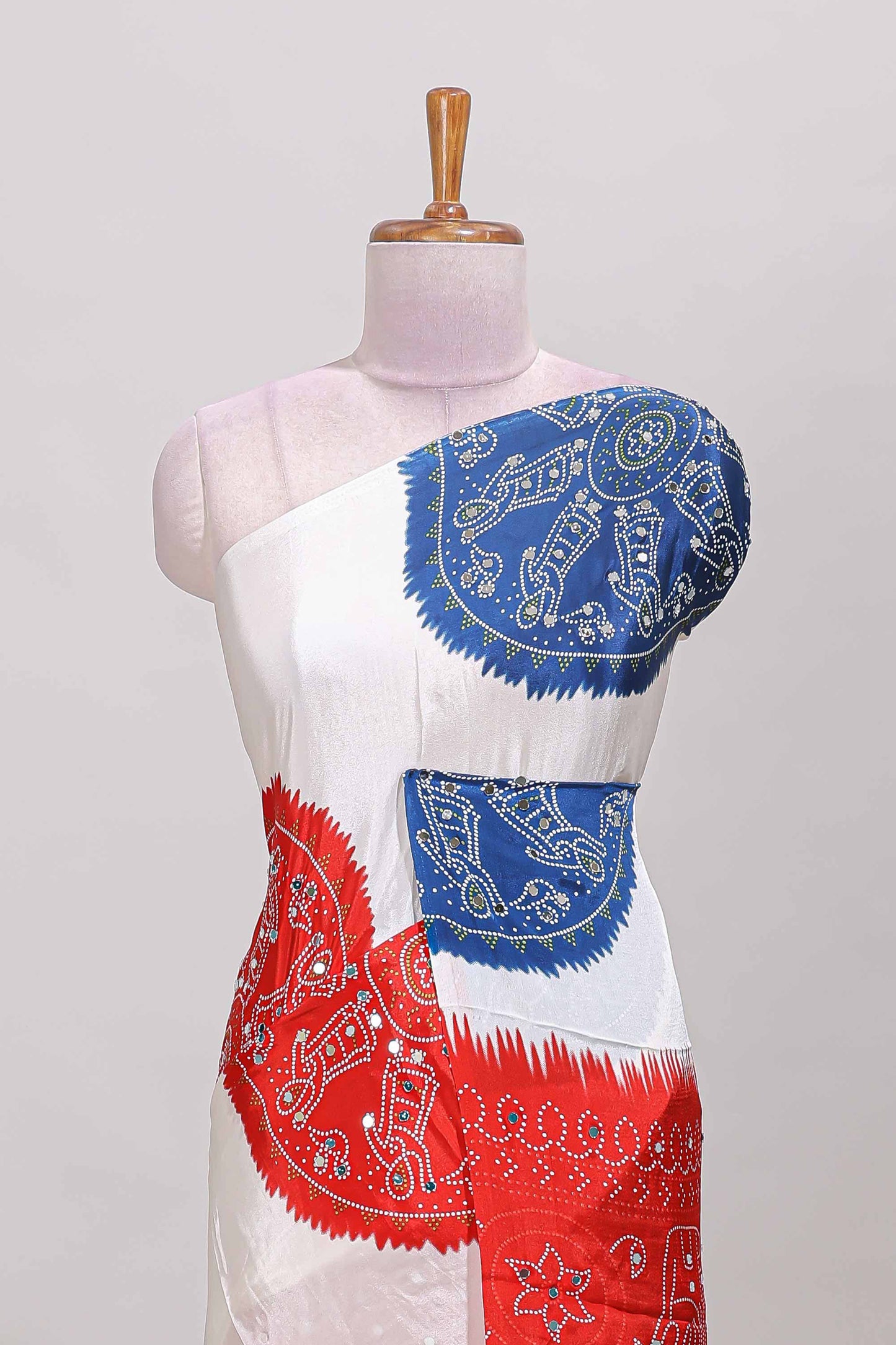 Borderless white bandhani style mirror work masakali saree with multicolor design and contrast blouse