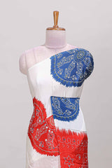 Borderless white bandhani style mirror work masakali saree with multicolor design and contrast blouse