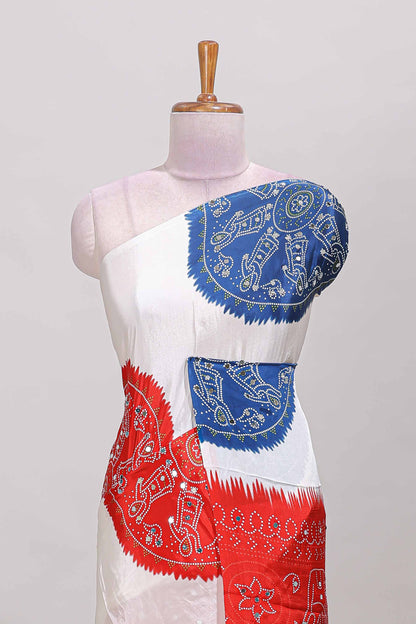 Borderless white bandhani style mirror work masakali saree with multicolor design and contrast blouse