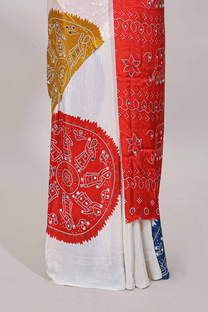 Borderless white bandhani style mirror work masakali saree with multicolor design and contrast blouse