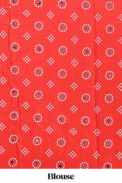 Borderless white bandhani style mirror work masakali saree with multicolor design and contrast blouse