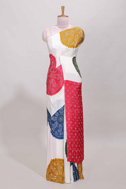 Borderless white bandhani style mirror work masakali saree with multicolor design and contrast blouse