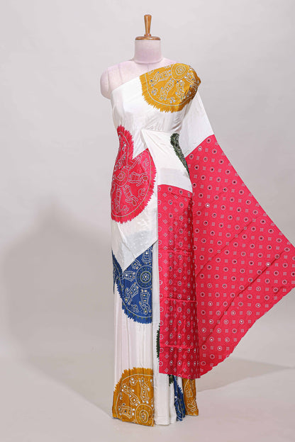Borderless white bandhani style mirror work masakali saree with multicolor design and contrast blouse