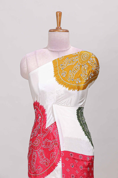 Borderless white bandhani style mirror work masakali saree with multicolor design and contrast blouse