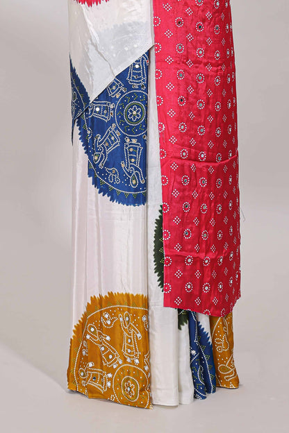 Borderless white bandhani style mirror work masakali saree with multicolor design and contrast blouse