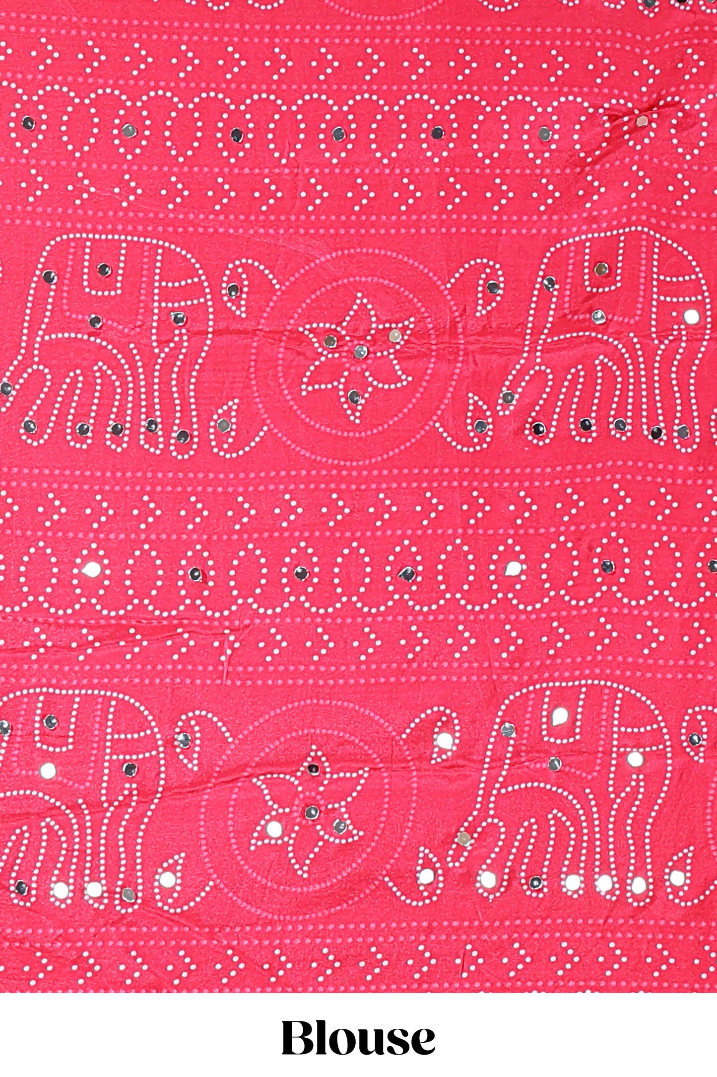 Borderless white bandhani style mirror work masakali saree with multicolor design and contrast blouse