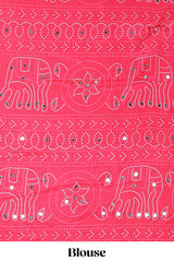Borderless white bandhani style mirror work masakali saree with multicolor design and contrast blouse