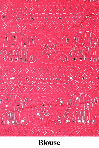 Borderless white bandhani style mirror work masakali saree with multicolor design and contrast blouse